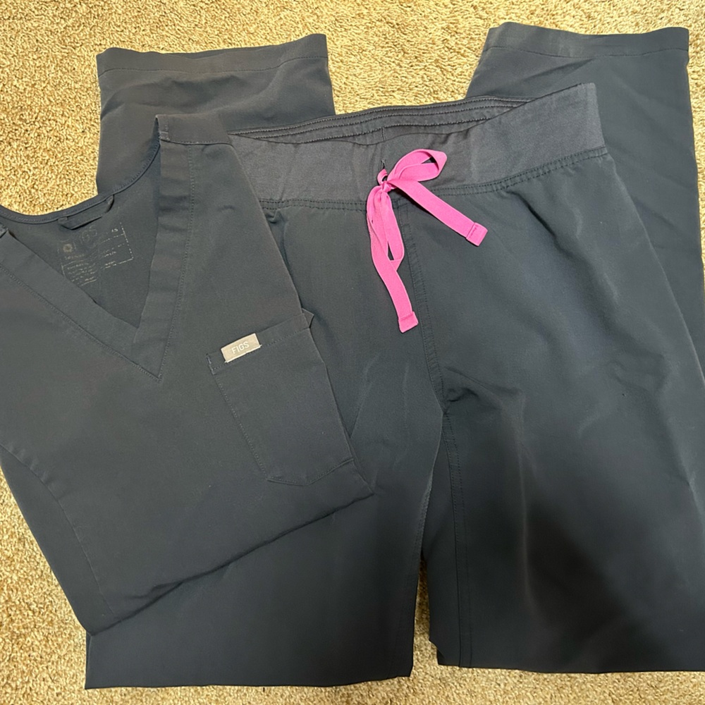 Figs Women's Space Grey Scrubs with cute pink accent waist tie